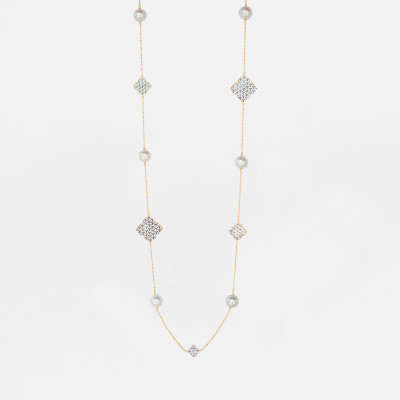 Arabesque Long Necklace with Pearls in 18K Gold