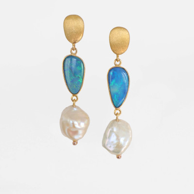 Collector's Edit Long Opal with Keshi Pearl Earring in 18K Gold