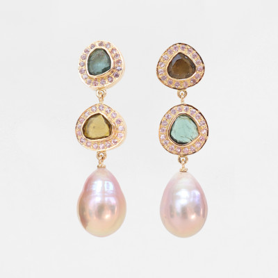 Collector's Edit Pink Pearl and Multiple Tourmaline Earring in 18K Gold