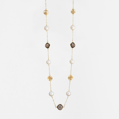 Yawmi Chain Necklace with Pearls and Smokey Quartz in 18K Gold