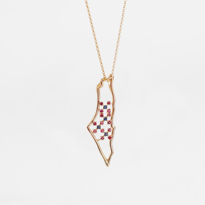 Tatreez Palestine Map with Sapphires and Rubies in 18K Gold