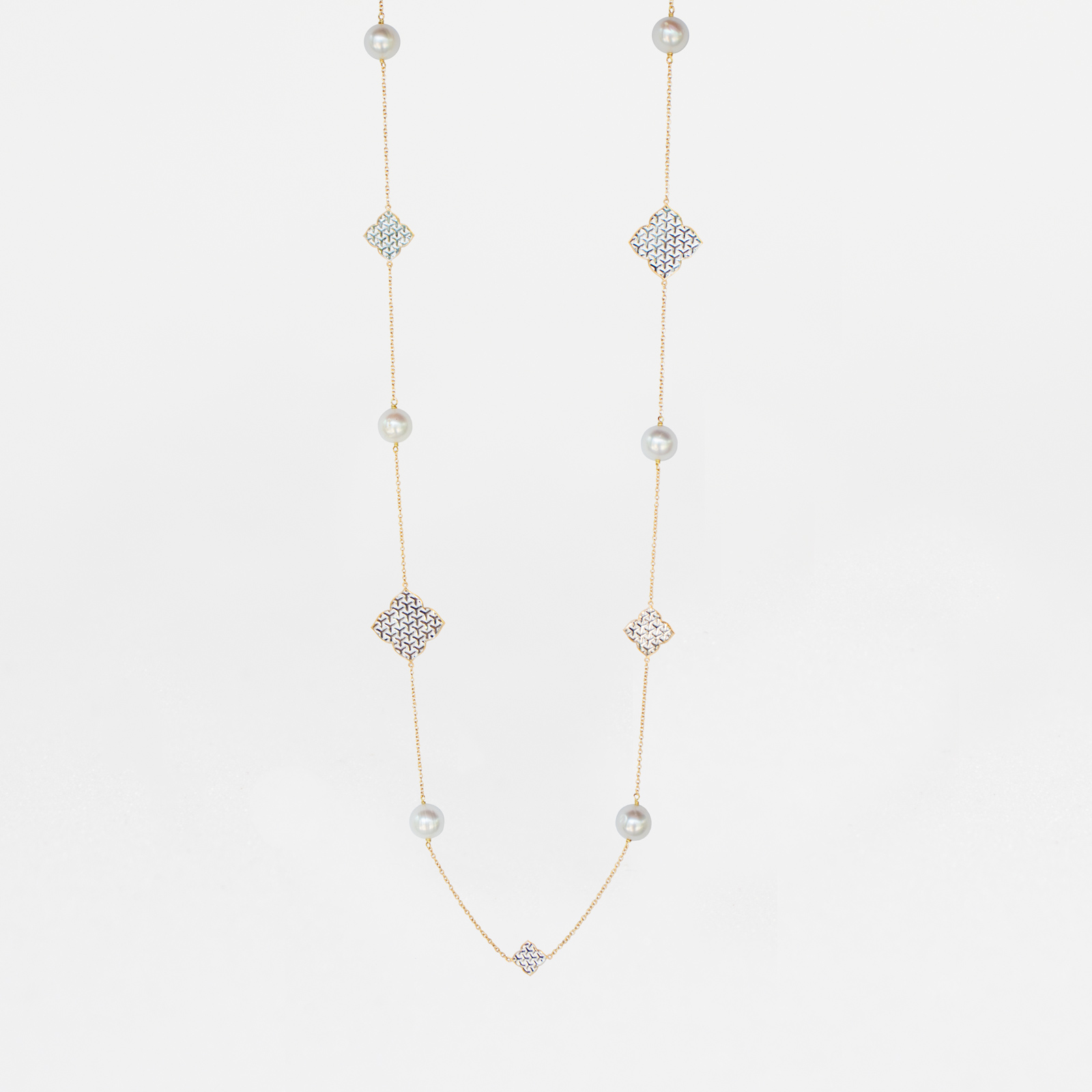 Arabesque Long Necklace with Pearls in 18K Gold