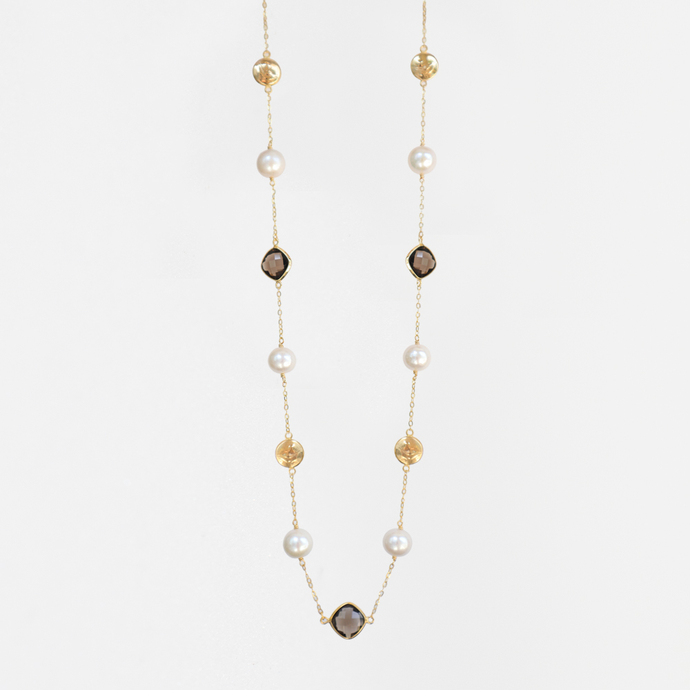 Yawmi Chain Necklace with Pearls and Smokey Quartz in 18K Gold