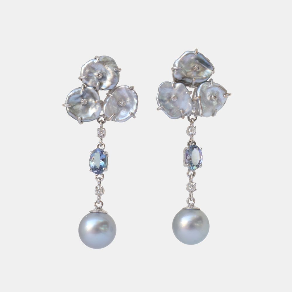 Collector's Edit Tahitian Pearl, Tahitian Keshi Pearl and Tanzanite Earring in 18K White Gold