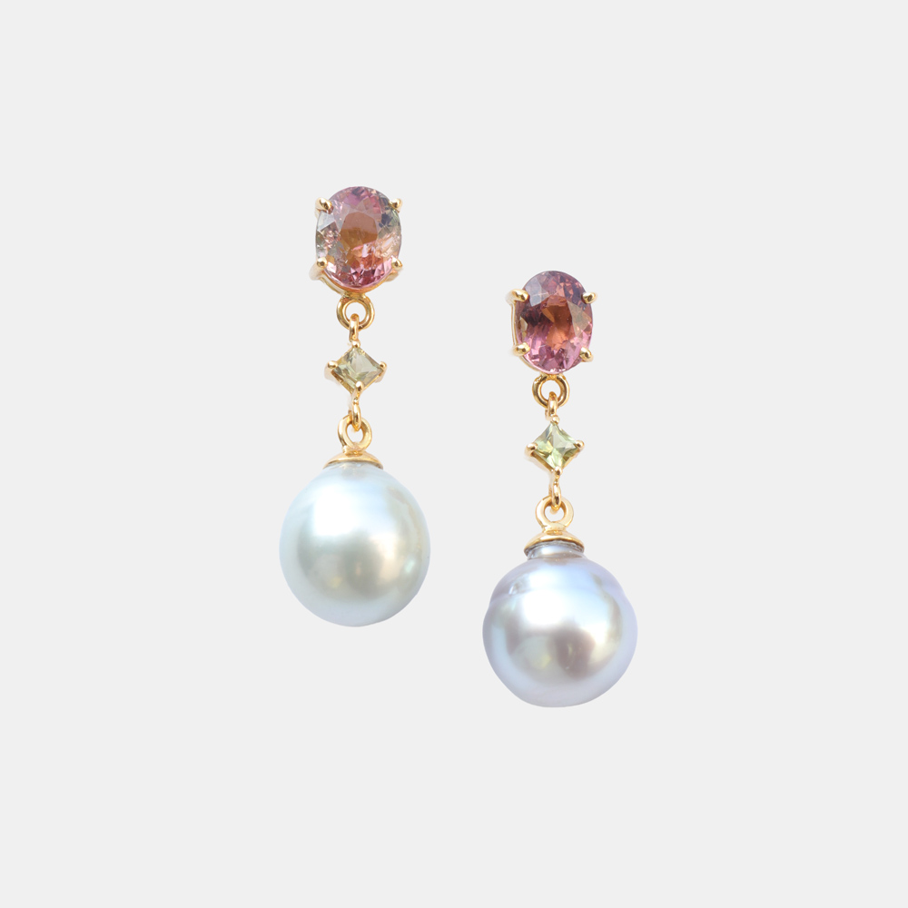 Collector's Edit Tahitian Pearl Earrings with Tourmaline and 18K Gold