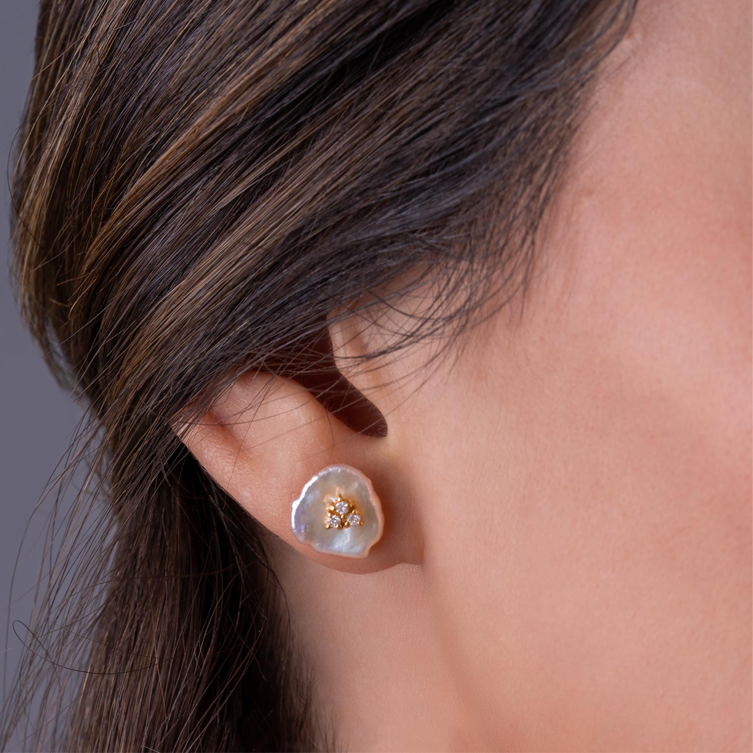 Petals Keshi Pearl with Diamonds Stud Earring in 18K Gold