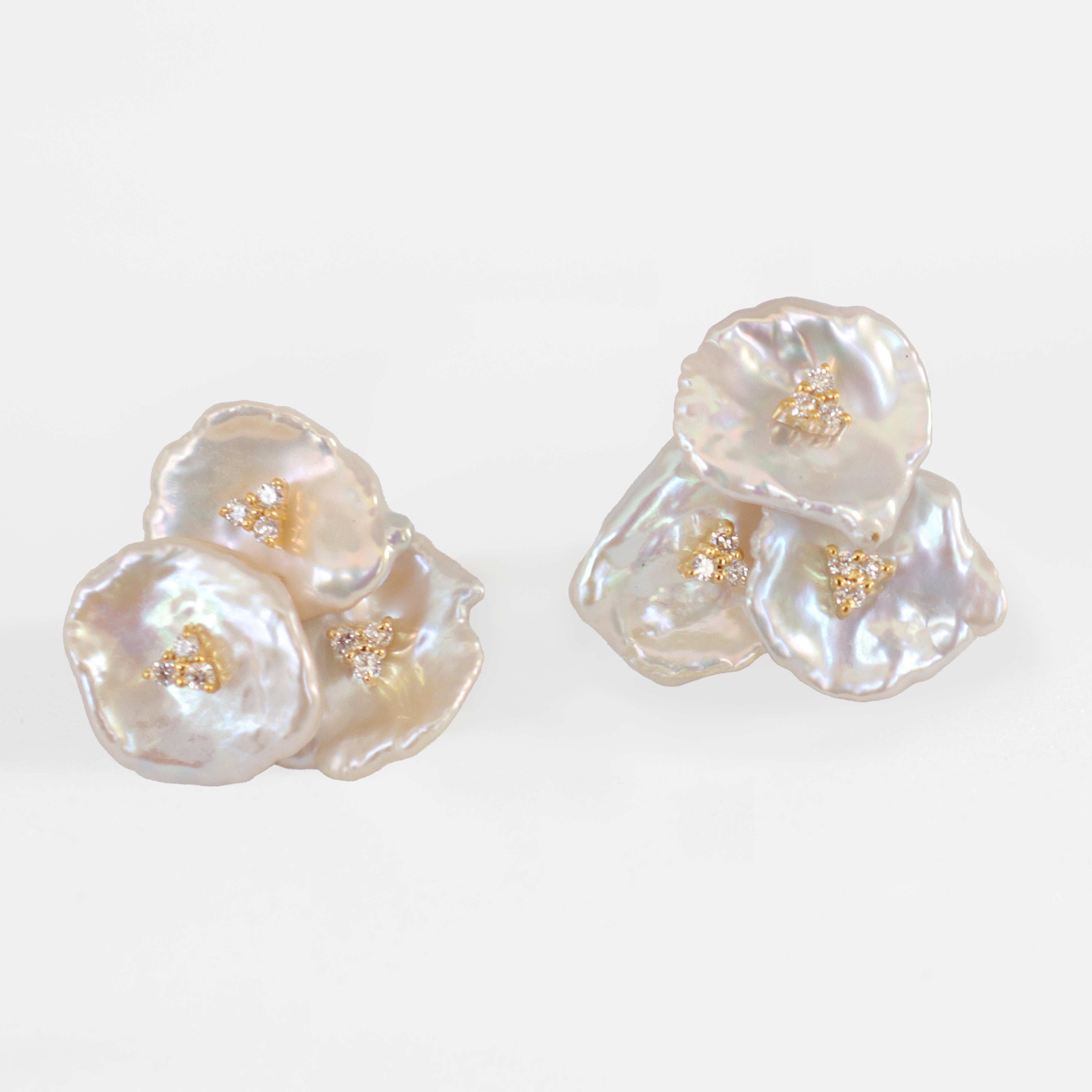 Petals Three Keshi Pearl Earring with Diamonds in 18K Gold