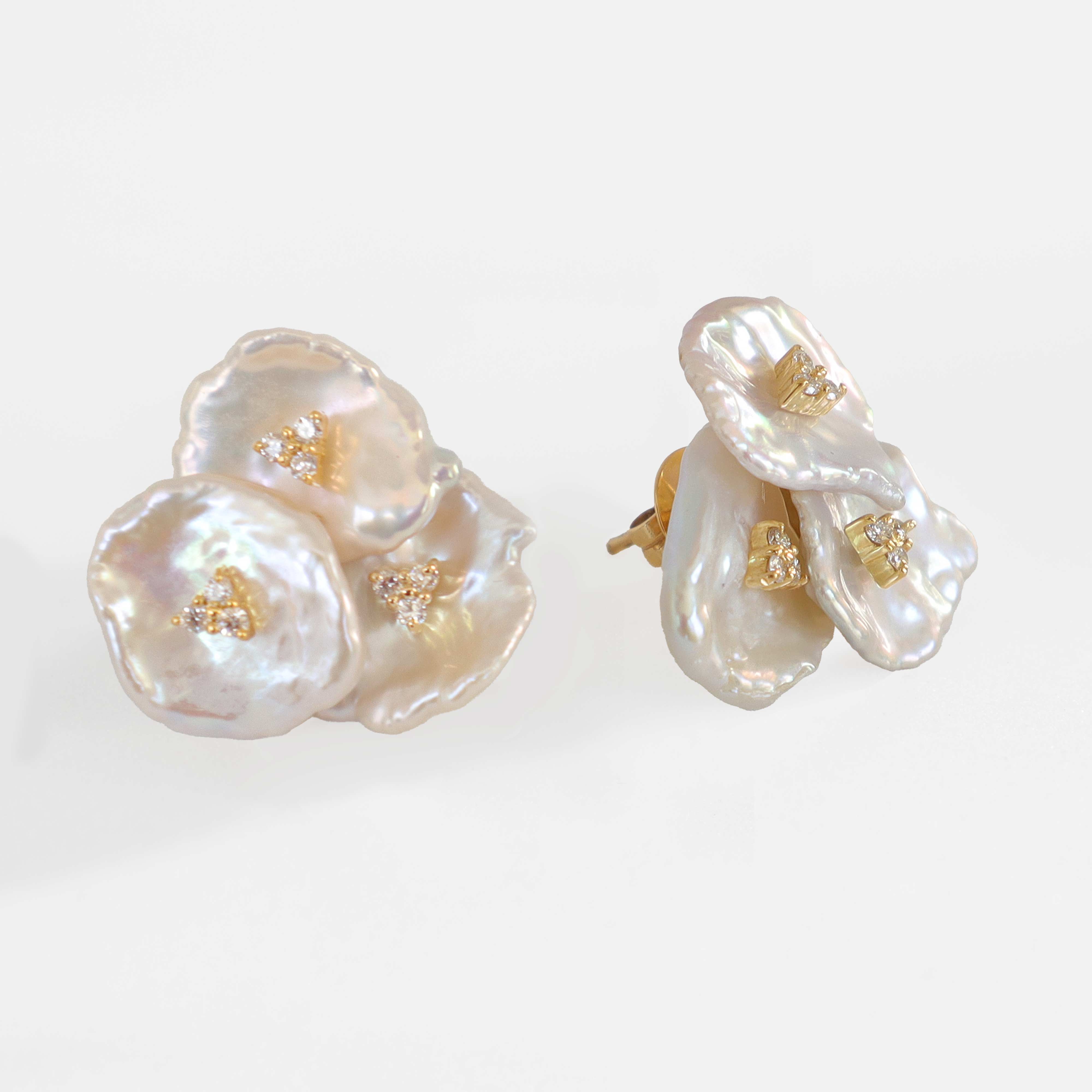 Petals Three Keshi Pearl Earring with Diamonds in 18K Gold