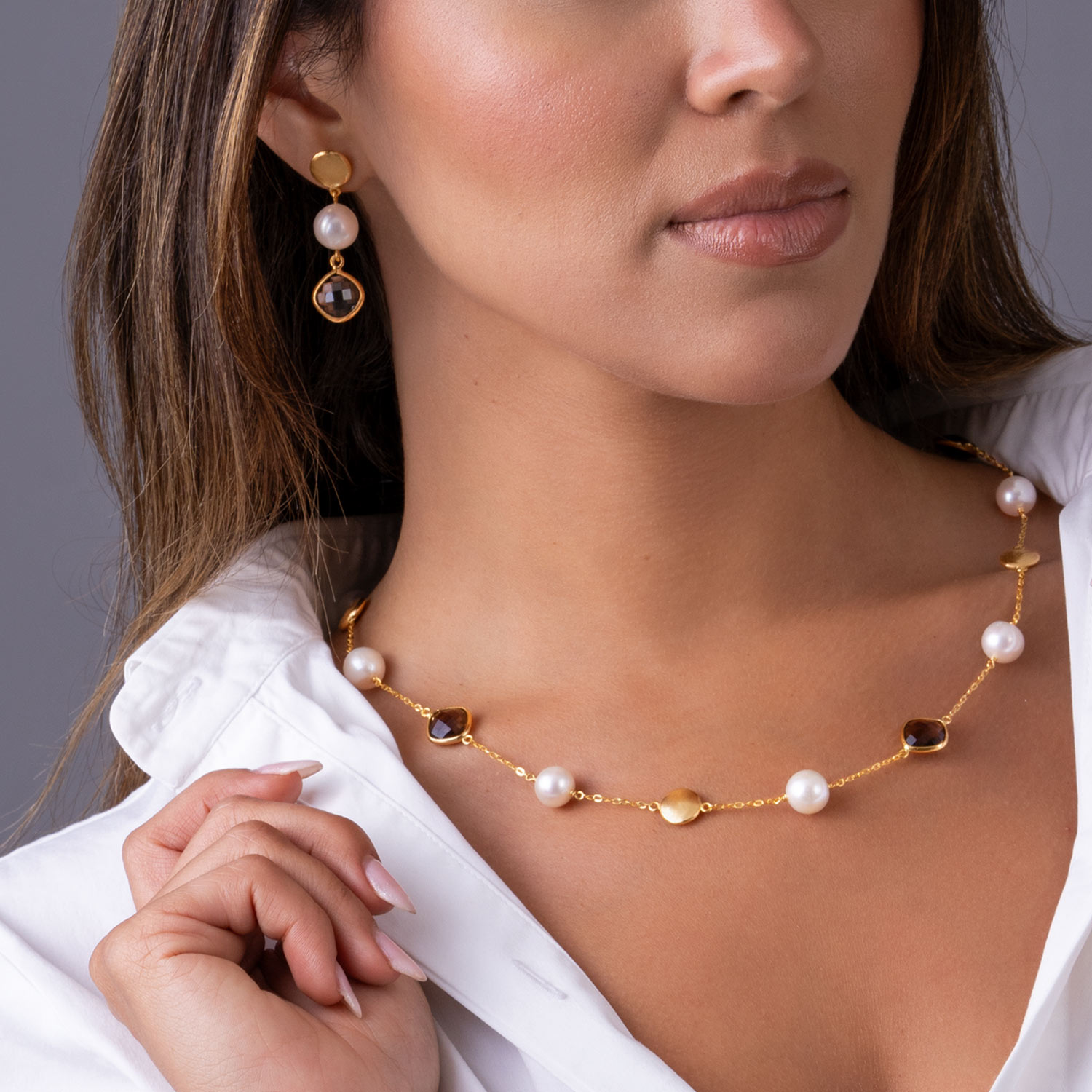 Yawmi Chain Necklace with Pearls and Smokey Quartz in 18K Gold