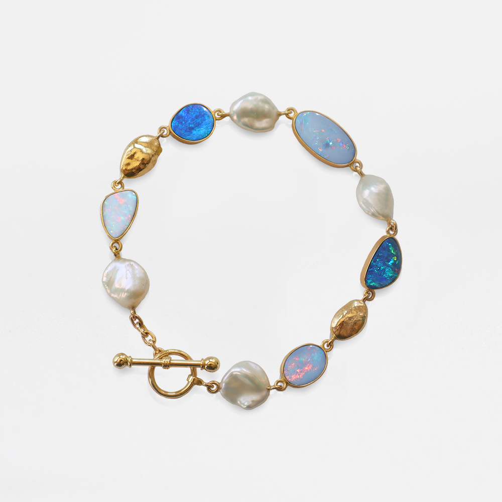 Collector's Edit Blue Opal and Pearl Bracelet in 18K Gold