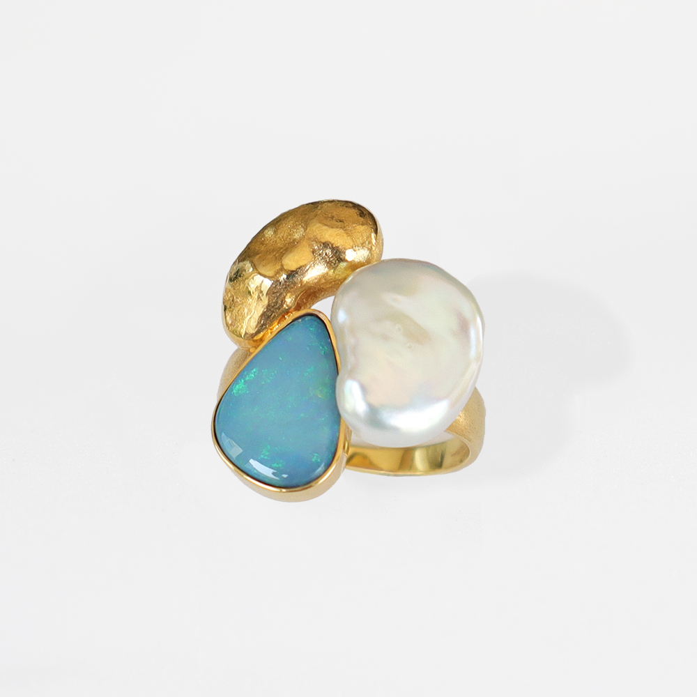 Collector's Edit Blue Opal and Keshi Pearl Ring in 18K Gold