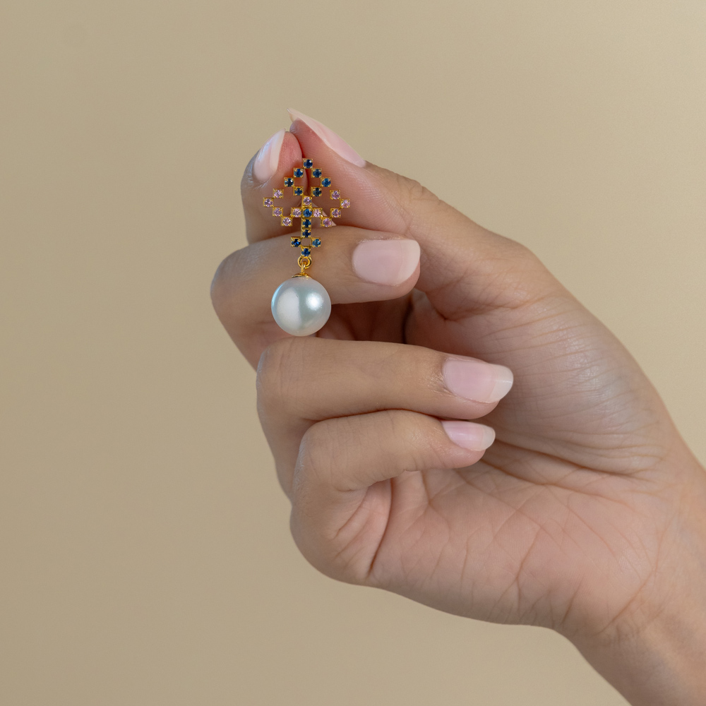 Tatreez  Earring with Sapphires, a South Sea Pearl and18K Gold 