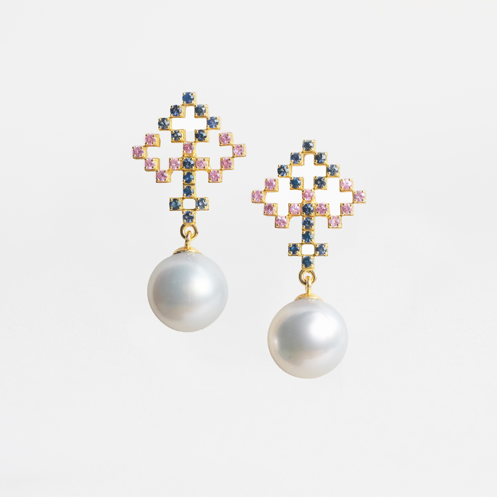 Tatreez  Earring with Sapphires, a South Sea Pearl and18K Gold 