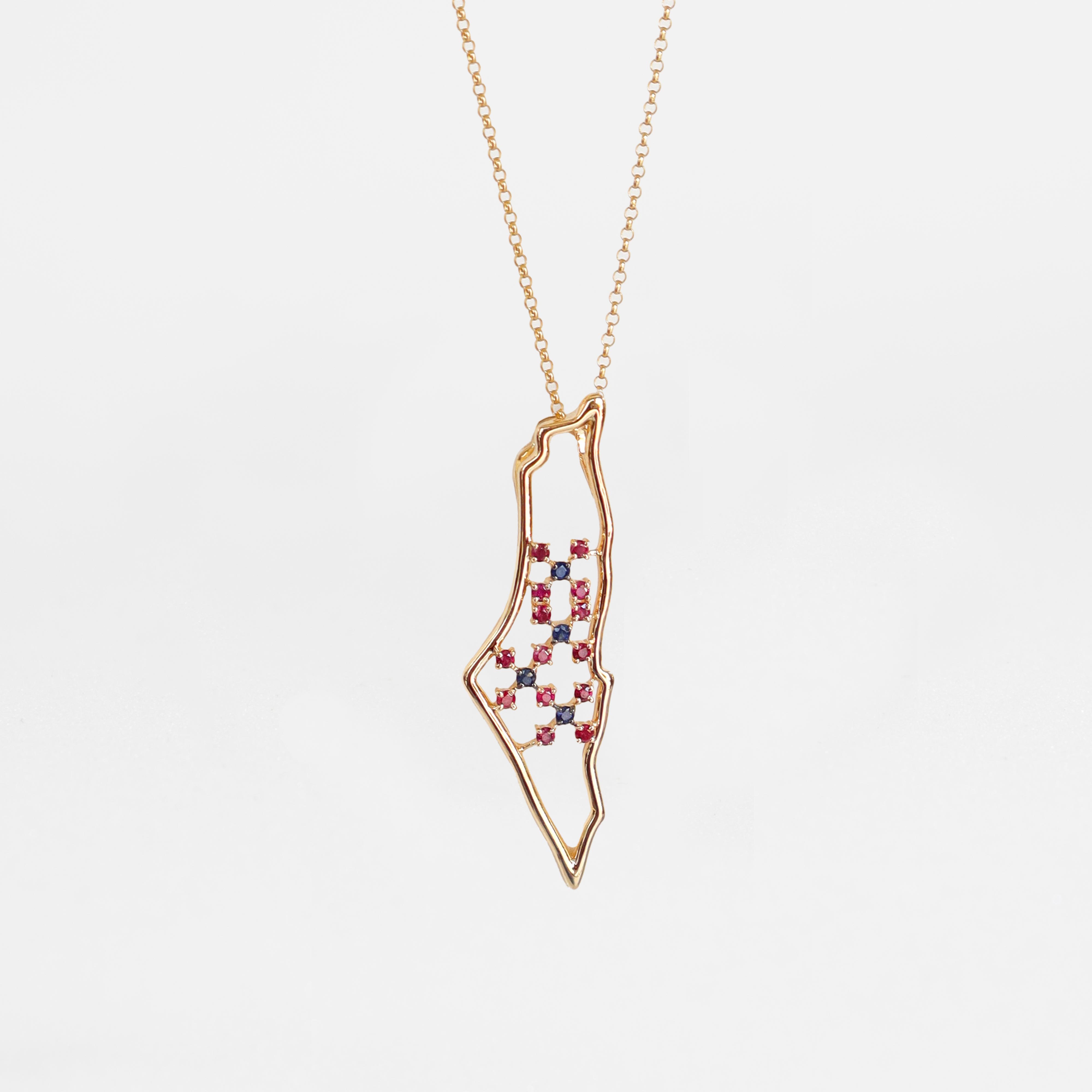 Tatreez Palestine Map with Sapphires and Rubies in 18K Gold