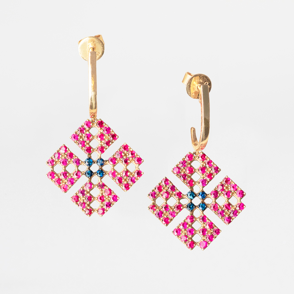 Tatreez Flower Earring with Rubies in 18K Gold