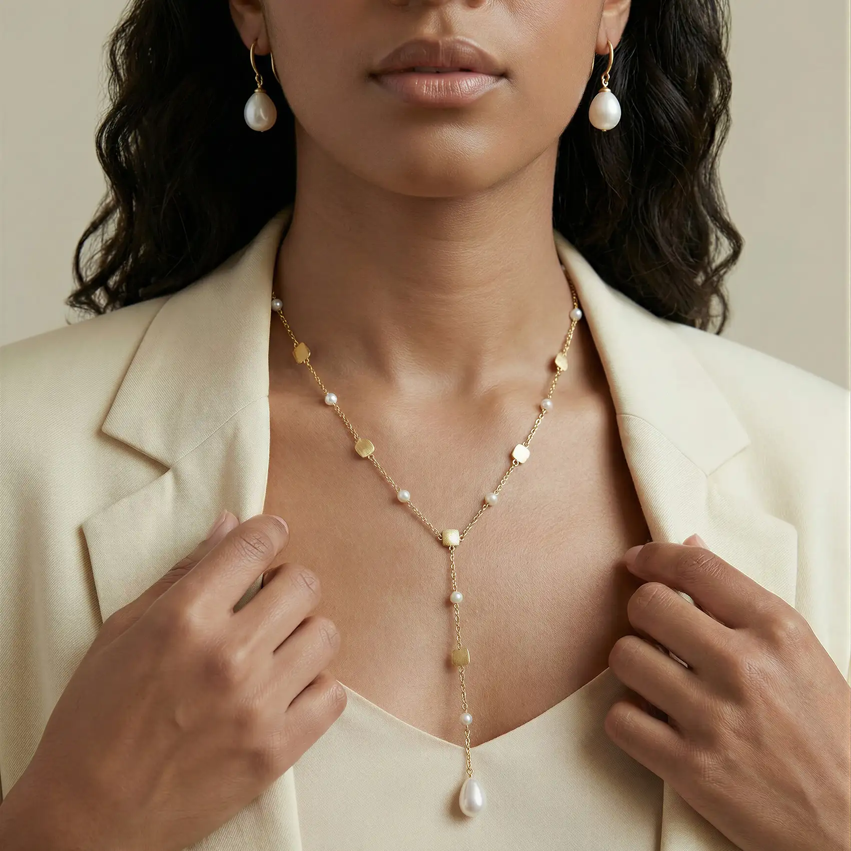 Yawmi Brushed Square 18K Gold and Pearl Necklace
