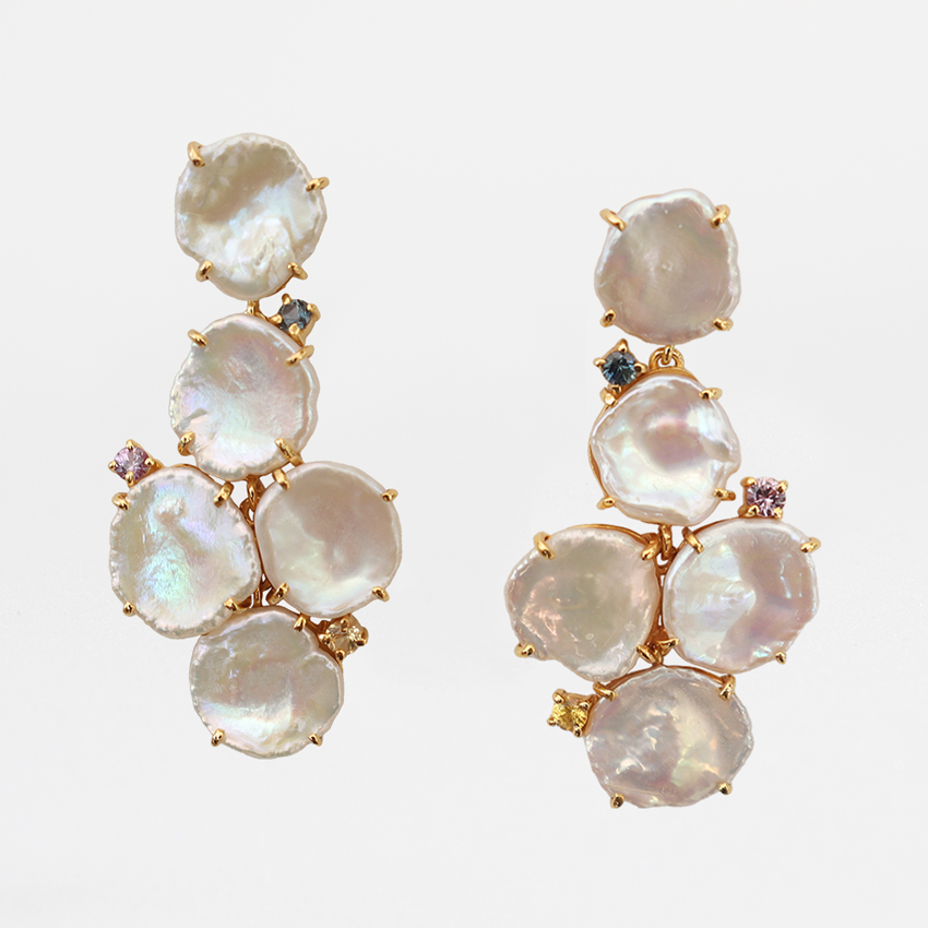 Petals Keshi Earrings with Fancy Sapphires in 18K Gold